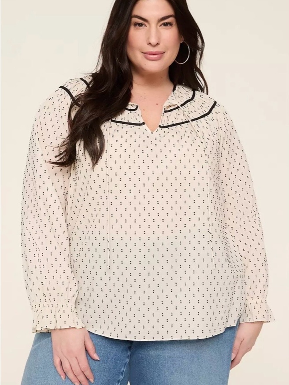 Lane Bryant Cream Dot Print Long Sleeve Blouse with Black Trim